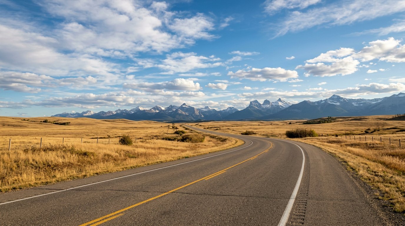 Alberta highway toward the foothills near Airdrie