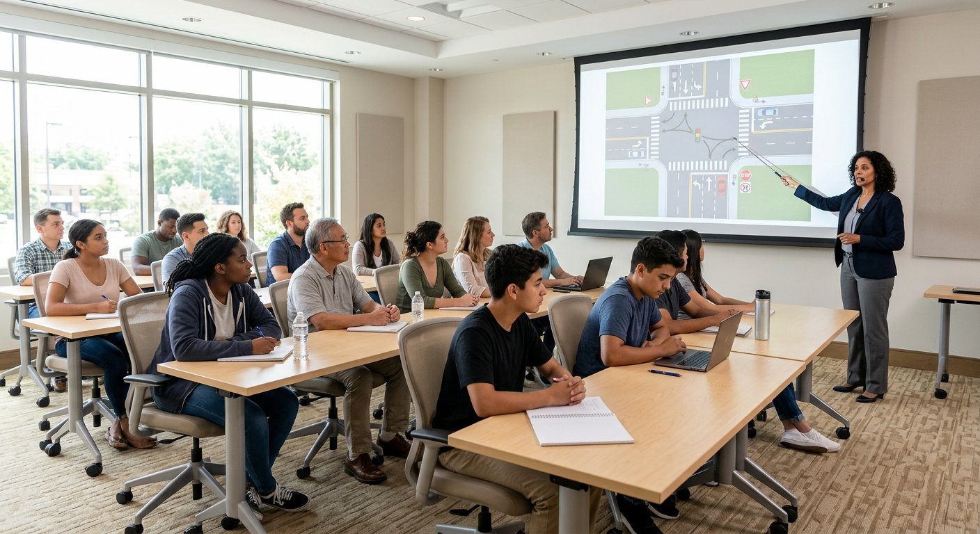 Students in Sierra's in-person classroom driver education course